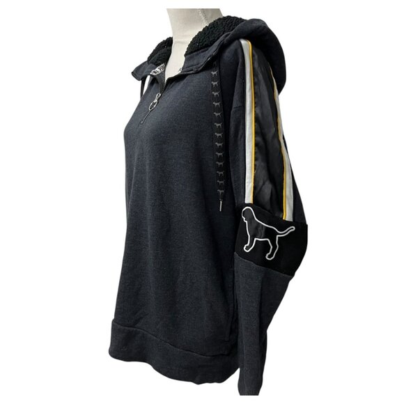 Victorias Secret Pink Black Half-Zip Hoodie Large Dog Logo Sherpa Hood - Picture 4 of 7